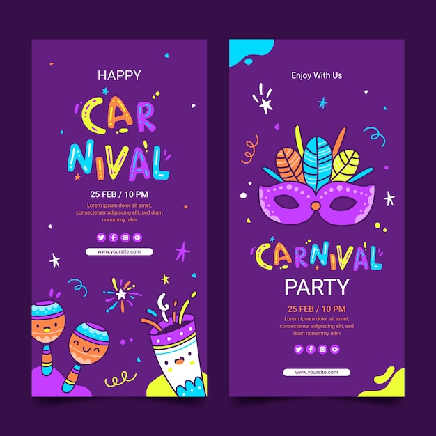 Set di banner verticali per la celebrazione del carnevale disegnato a mano
