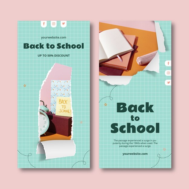 Set di banner verticali realistici per il ritorno a scuola