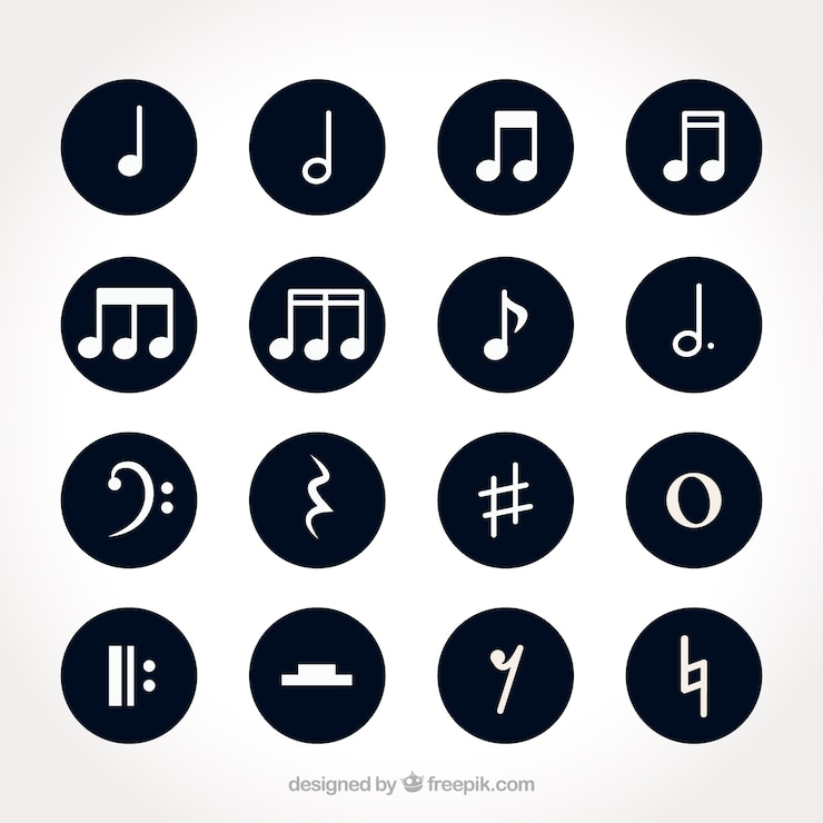 Vettore gratuito set di bianco note musicali con sfondi rotonde