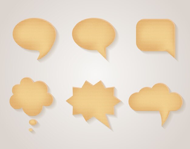 Set di bolle di discorso di cartone di carta. Messaggio vuoto, adesivo di comunicazione testurizzato, illustrazione vettoriale
