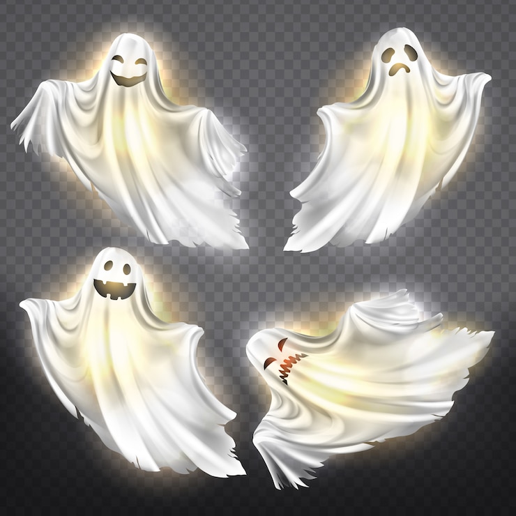 Vettore gratuito set di brillanti fantasmi - felice, triste o arrabbiato, sorridente sagome bianche fantasma