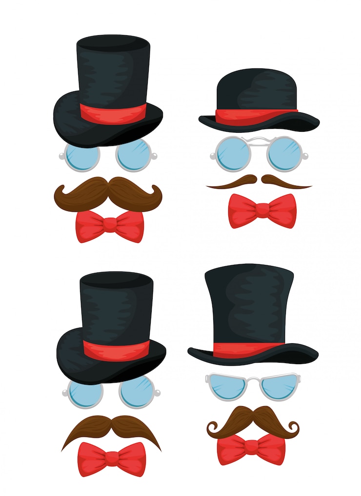 Vettore gratuito set di cappello maschile con occhiali, papillon e baffi