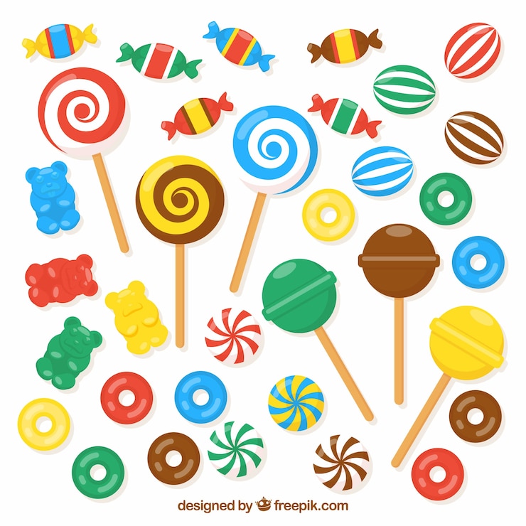 Vettore gratuito set di caramelle colorate in stile piano