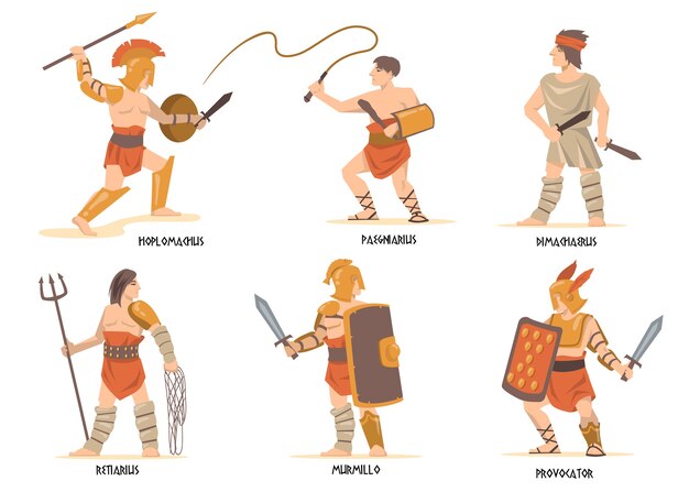 Set di caratteri di gladiatori. Antichi guerrieri romani e greci, personaggi della mitologia, soldati spartani con spade e scudi.