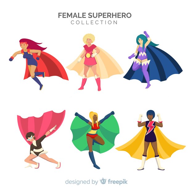 Set di caratteri di supereroi femminili in stile cartoon