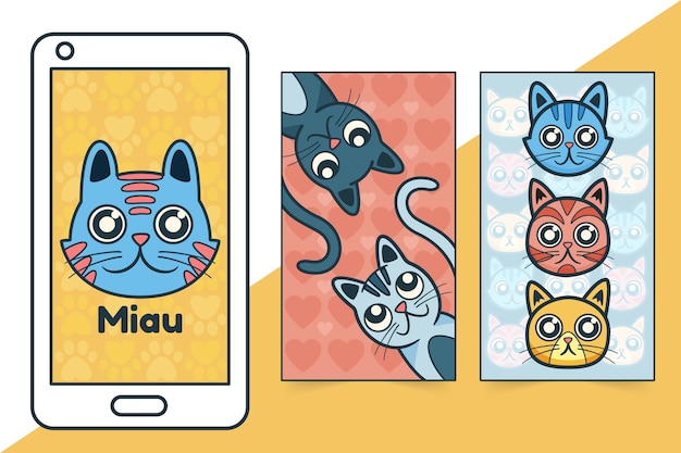 Set di carta da parati per il giorno internazionale del gatto disegnato a mano