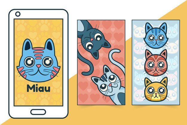 Set di carta da parati per il giorno internazionale del gatto disegnato a mano