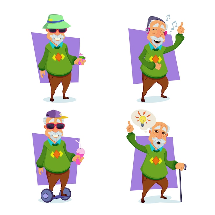 Vettore gratuito set di cartone animato vecchio che ha un'idea creativa, ascolta musica in cuffia, guida uno scooter giroscopico