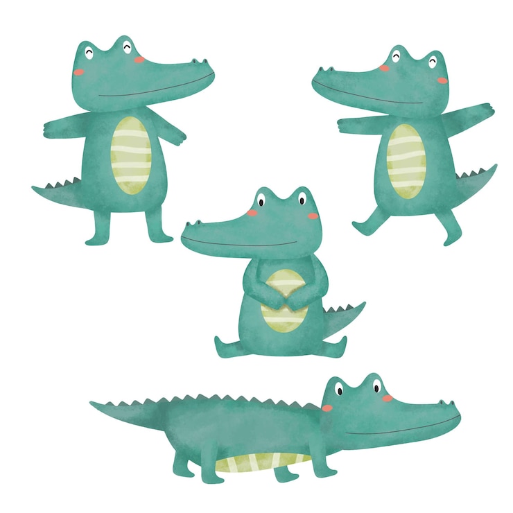 Vettore gratuito set di cartoni animati a colori ad acqua per adesivi e avatar emoji di personaggi tropicali e forestali isolati su sfondo bianco. simpatico personaggio coccodrillo animali