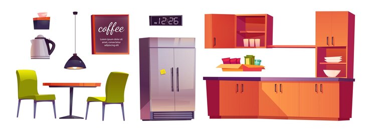 Vettore gratuito set di cartoni animati di mobili da cucina per ufficio isolati su sfondo bianco illustrazione vettoriale di armadi frigo con snack tavolo sedie bollitore elettrico lampada e lavagna per il design della sala da pranzo
