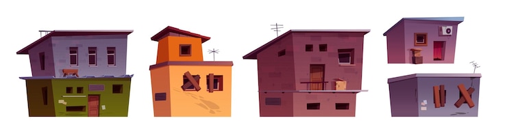 Vettore gratuito set di cartoni animati di povere case del ghetto isolate su sfondo bianco illustrazione vettoriale di edifici dei bassifondi quartiere abbandonato della città baracche economiche con facciate sporche danneggiate finestre sbarrate zona criminale