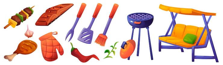 Vettore gratuito set di cartoni animati per barbecue e griglia