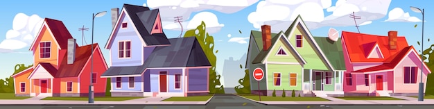 Set di case di quartiere in stile cartone animato