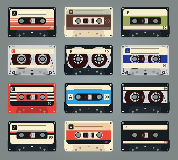 Set di cassette audio retrò vettoriali. Nastro e audio, musica e suono, media e registrazione