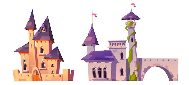 Vettore gratuito set di castelli fantastici di cartoni animati isolati su bianco