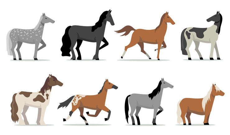 Vettore gratuito set di cavalli da tiro. colorati stalloni da corsa di razza in piedi e in esecuzione. illustrazioni vettoriali piatte isolate per allevamento, allevamento di cavalli, affari, animali domestici