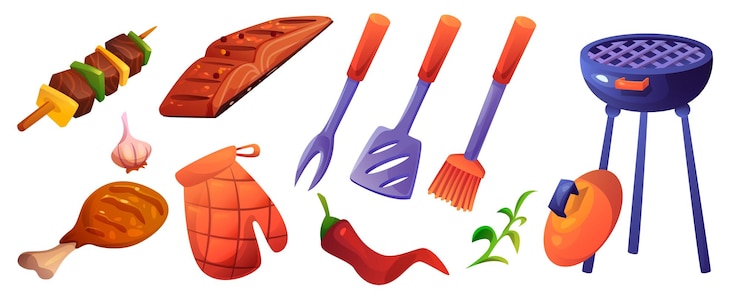 Vettore gratuito set di cibo e attrezzature per il picnic bbq