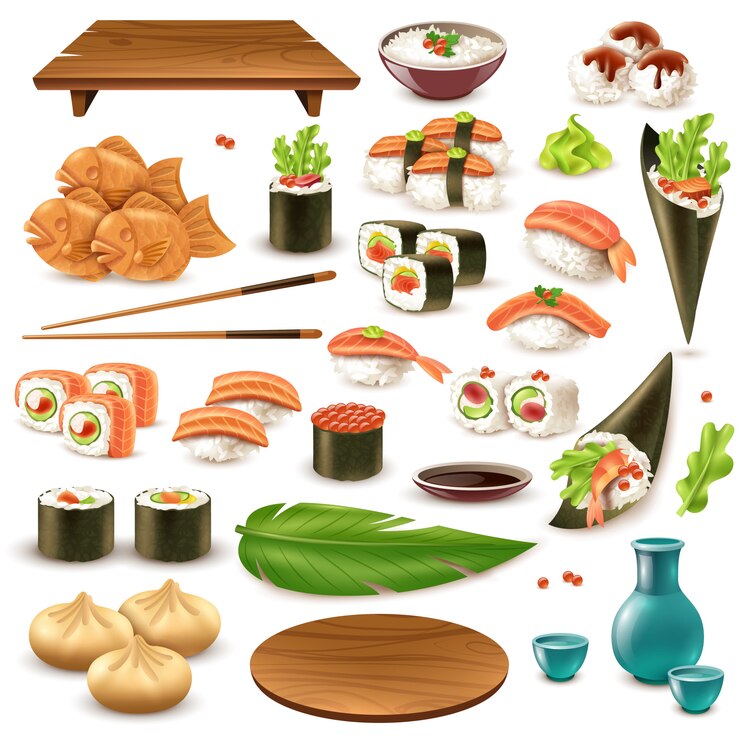 Vettore gratuito set di cibo giapponese