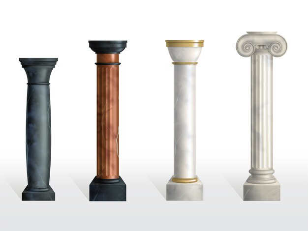 Set di colonne antiche. Colonne ornate classiche di pietra o di marmo antiche di differenti colori e strutture isolate. Decorazione di facciata romana o greca. Illustrazione realistica di vettore 3d