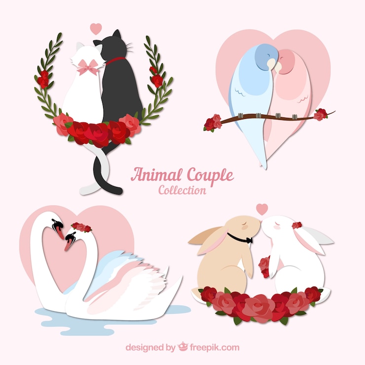 Vettore gratuito set di coppia animale di san valentino
