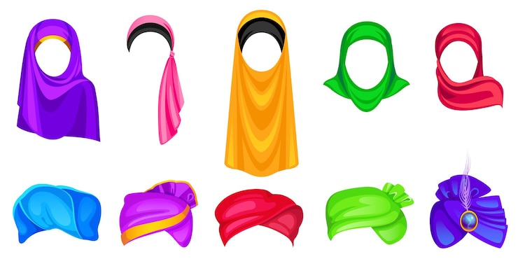 Vettore gratuito set di copricapi con turbante e hijab per uomo e donna, cappelli avvolgenti orientali e indiani