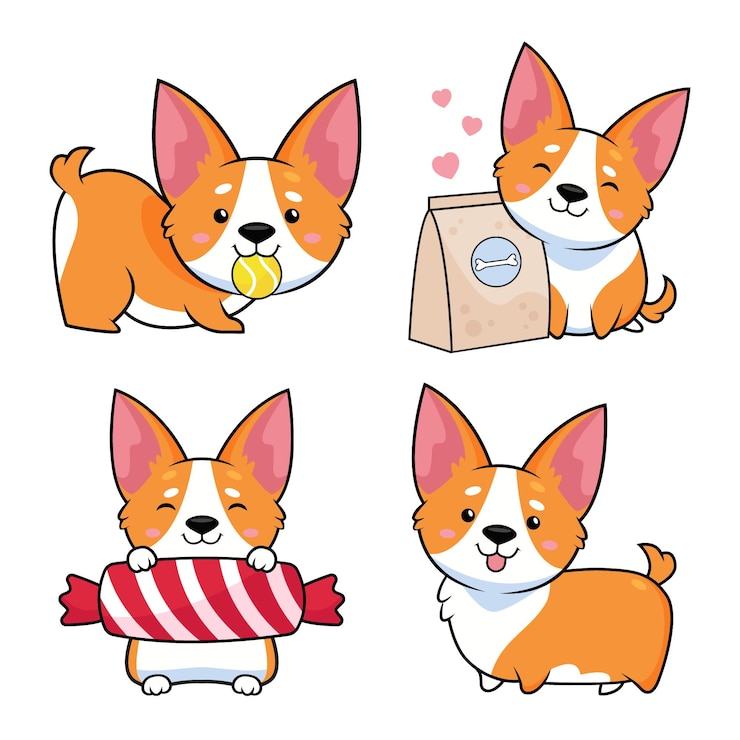 Vettore gratuito set di corgi disegnati a mano con caramelle cibo per cani palla