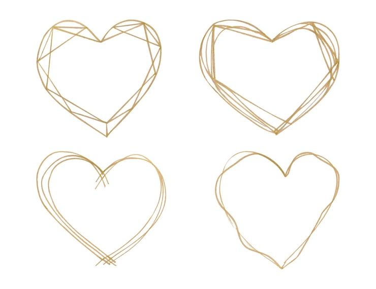 Vettore gratuito set di cornici per acquerelli disegnati a mano con texture a forma di cuore dorato