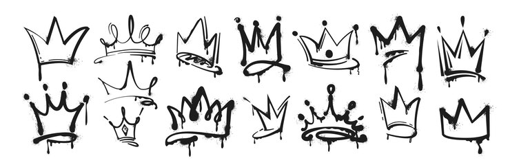 Vettore gratuito set di corone di re e di tiara di principessa con spray di vernice e graffiti con spruzzi di inchiostro