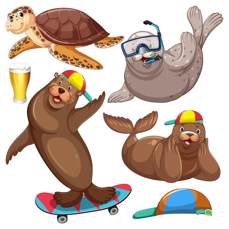Vettore gratuito set di creature marine personaggio dei cartoni animati in estate