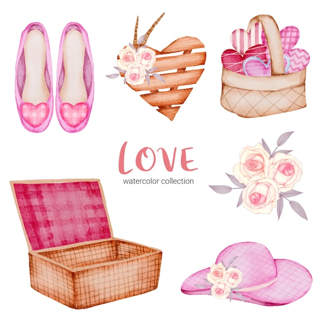 Set di cuori rossi-rosa romantici belli dell'elemento di concetto di San Valentino dell'acquerello grande isolato per la decorazione, illustrazione