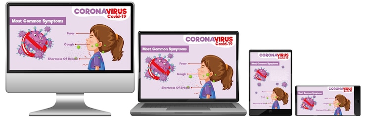 Vettore gratuito set di dispositivi mobili con informazioni covid-19 sul desktop dello schermo