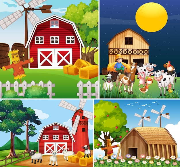Set di diverse scene di fattoria con stile cartone animato fattoria degli animali