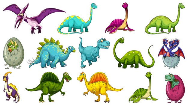 Set di diversi personaggi dei cartoni animati di dinosauro isolati su sfondo bianco