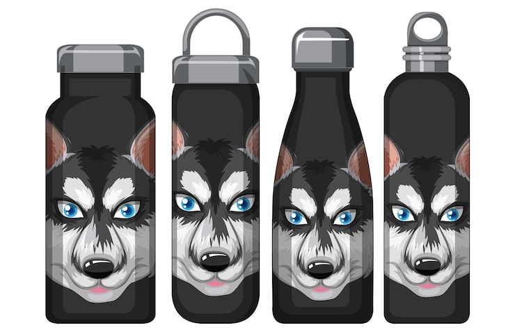 Vettore gratuito set di diversi thermos neri con motivo siberian husky