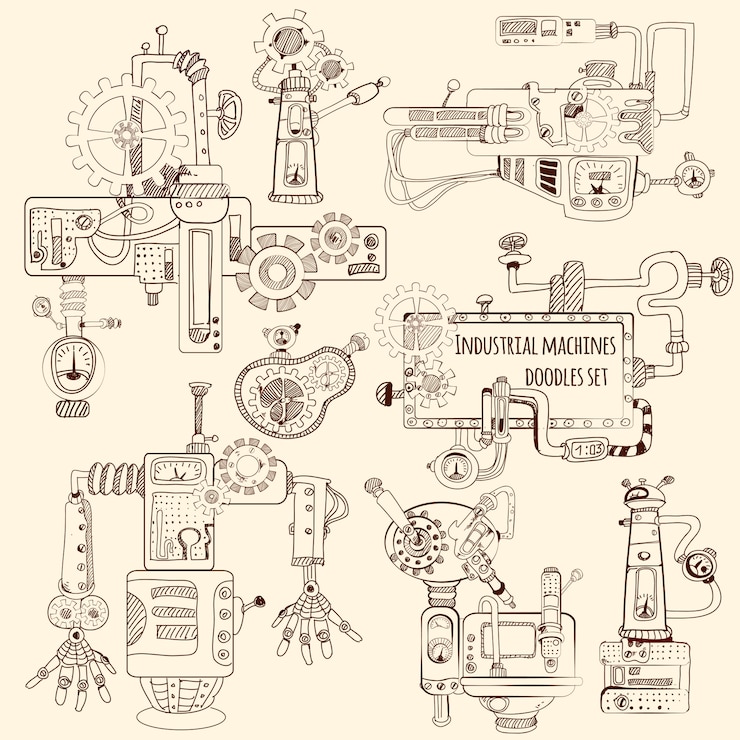 Vettore gratuito set di doodles di macchine industriali