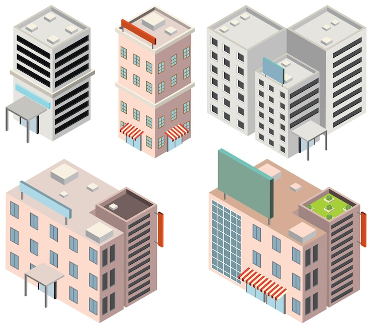 Vettore gratuito set di edifici e case isometrici