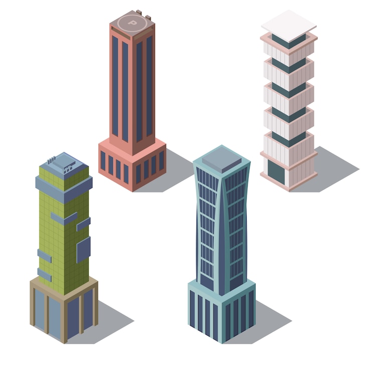 Vettore gratuito set di edifici moderni isometrici in stile cartoon. grattacieli urbani per l'esterno della città