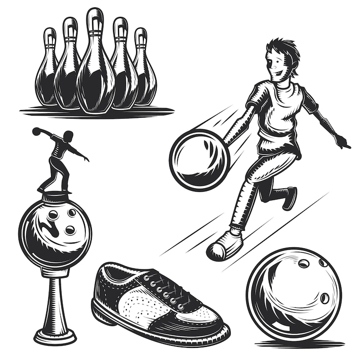 Vettore gratuito set di elementi da bowling per creare badge, loghi, etichette, poster, ecc.