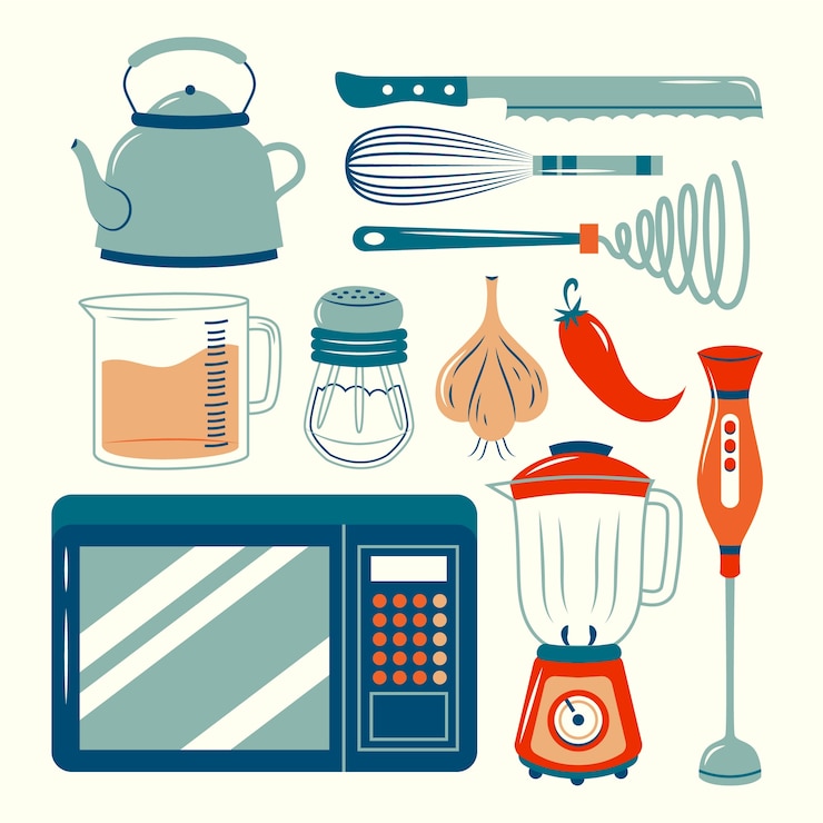 Vettore gratuito set di elementi da cucina dal design piatto