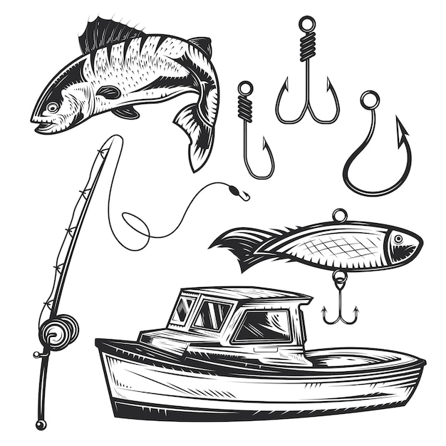 Set di elementi da pesca per creare badge, loghi, etichette, poster, ecc.