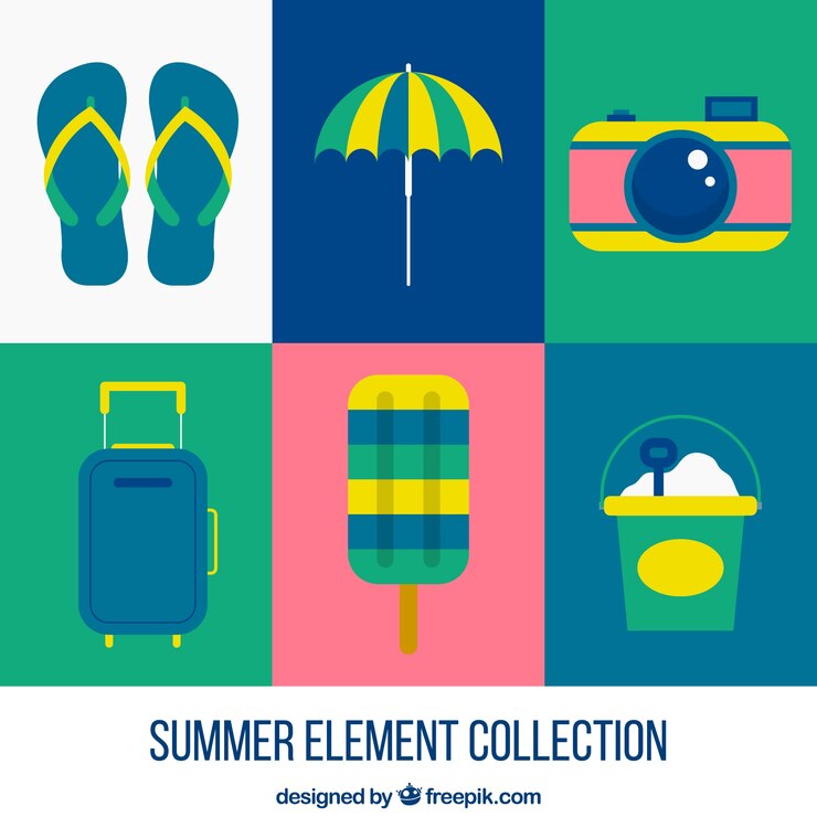 Vettore gratuito set di elementi da spiaggia in design piatto