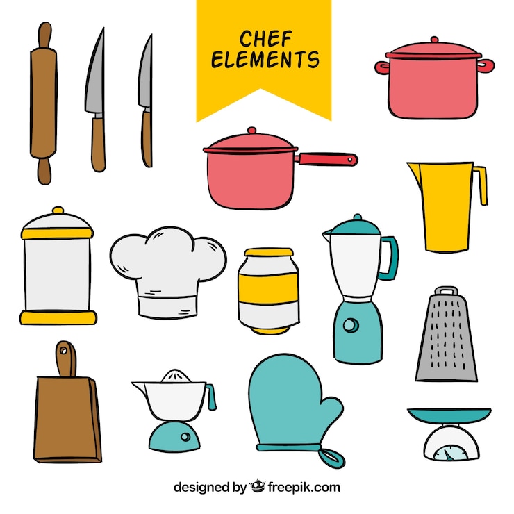 Vettore gratuito set di elementi di cucina disegnati a mano
