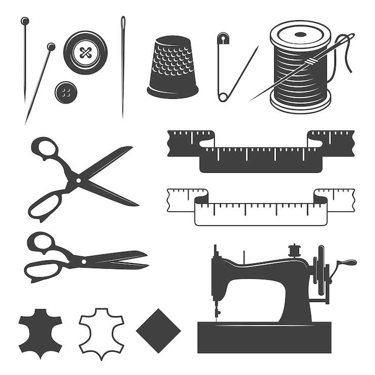 Vettore gratuito set di elementi di cucito desinged stile monocromatico