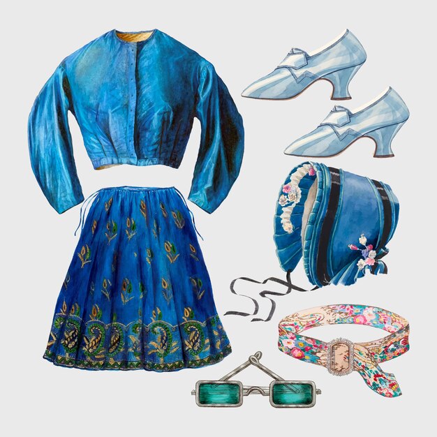 Set di elementi di design per abiti vettoriali da donna antichi, remixati da una collezione di pubblico dominio
