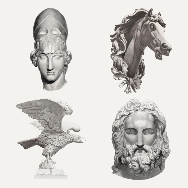 Set di elementi di disegno vettoriale di sculture antiche, remixate dalla collezione di pubblico dominio