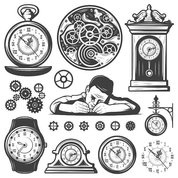 Set di elementi di riparazione di orologi monocromatici vintage