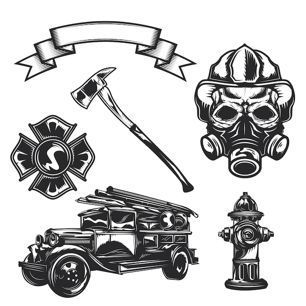 Set di elementi di vigile del fuoco (ascia, auto, nastro, pompiere, emblema, camion dei pompieri, idrante)