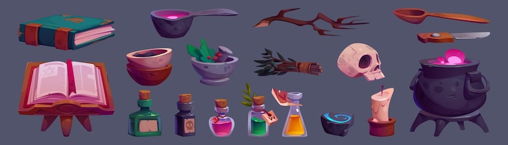 Vettore gratuito set di elementi magici di streghe o maghi
