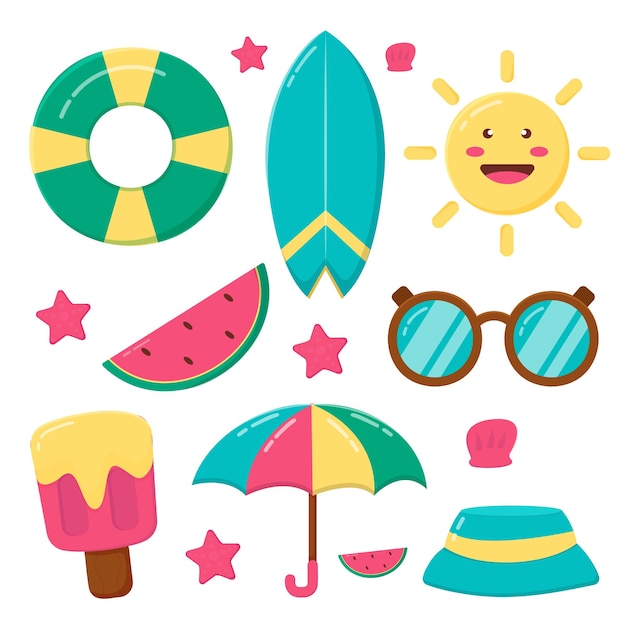 Set di elementi oggetto per viaggiare durante le vacanze estive