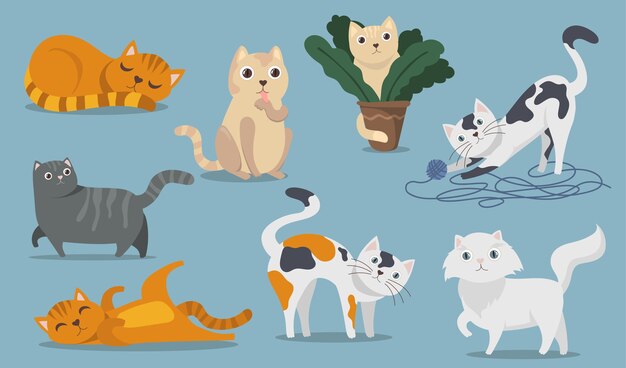 Set di elementi piatti giocosi gatti carino. Gattini lanuginosi, gattini e tabby del fumetto che si siedono, che giocano, che si trovano e che dormono hanno isolato la raccolta dell'illustrazione di vettore. Concetto di animali domestici e animali